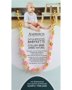 AMBEROS Natur Bernsteinkette mit Edelsteinen Baroque Lemon Quartz Pink Jade
